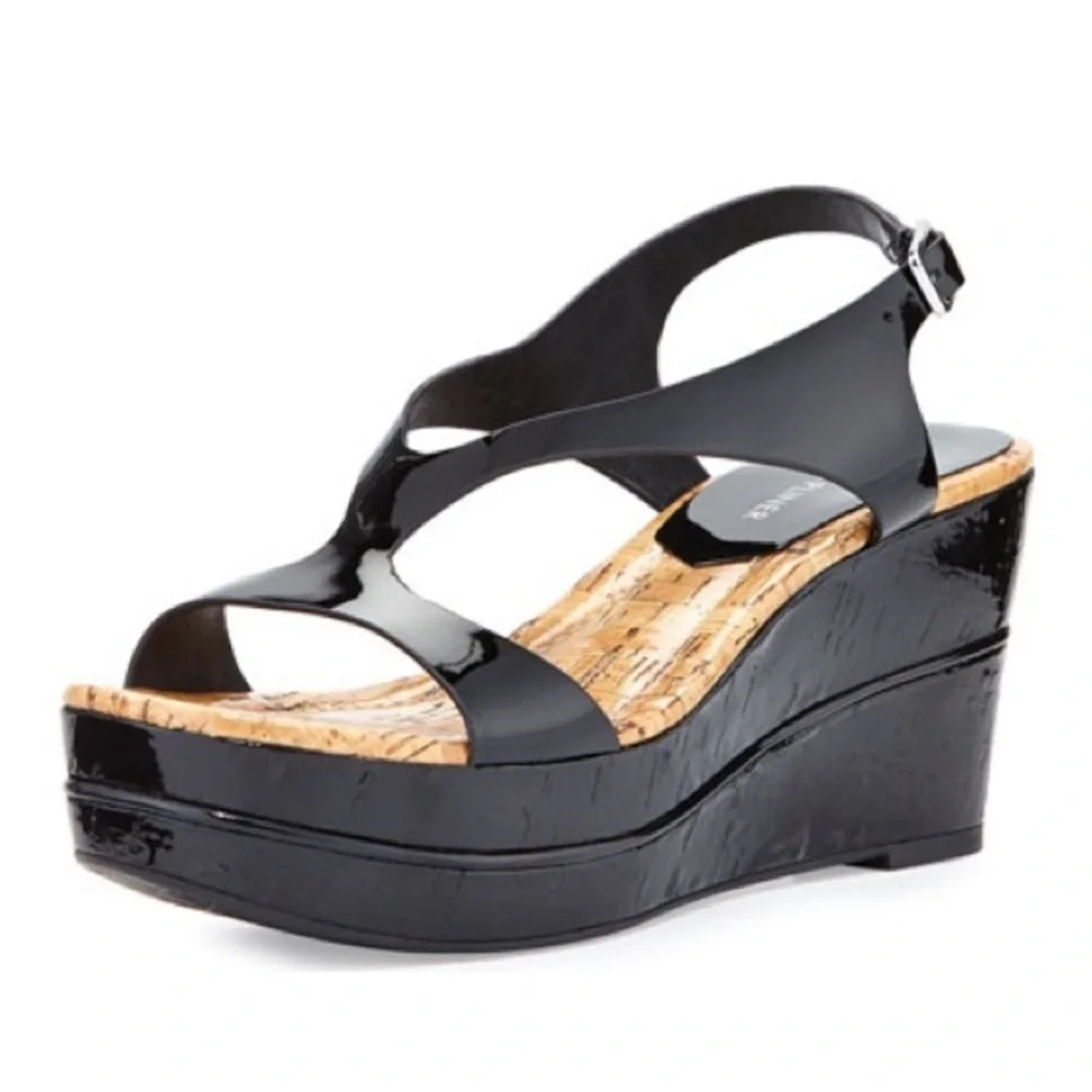Donald J Pliner Delon black patent leather wedge sandals minimalist luxury
